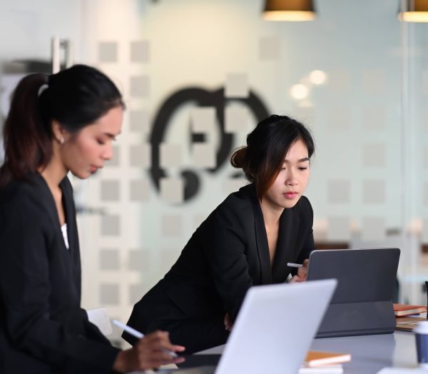 Businesswoman in suit experts discussing information during accounting process in office.