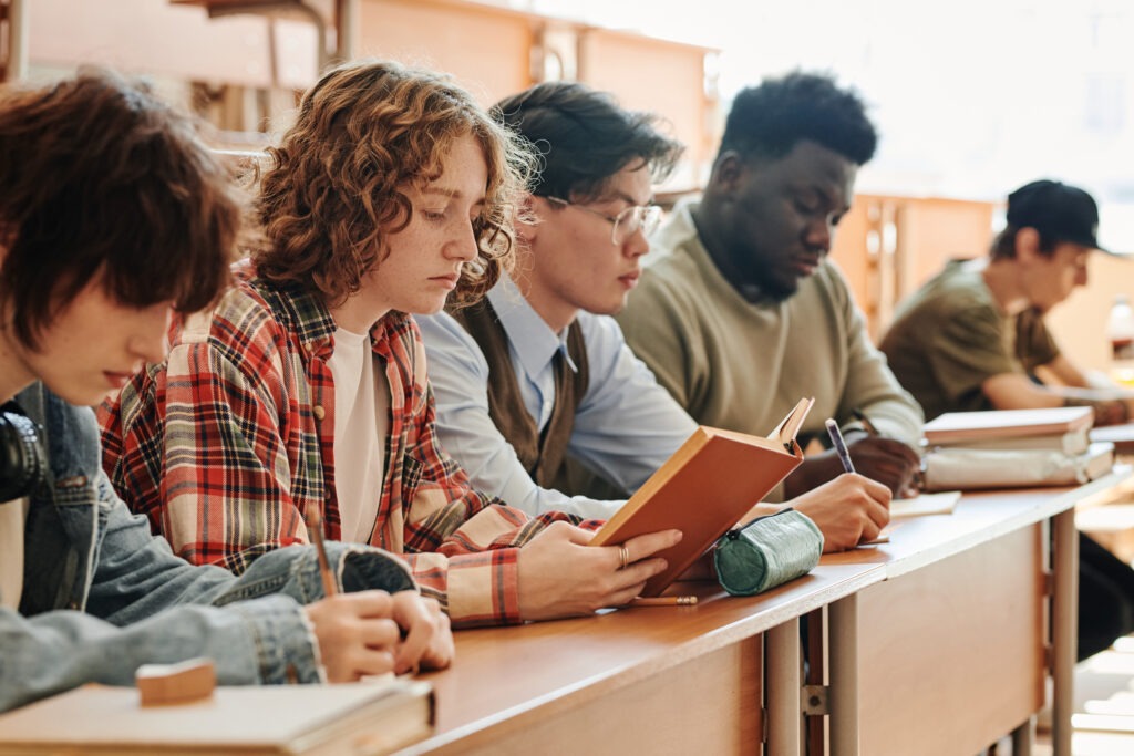 Row of multicultural teenage students of university sitting by desk at lecture