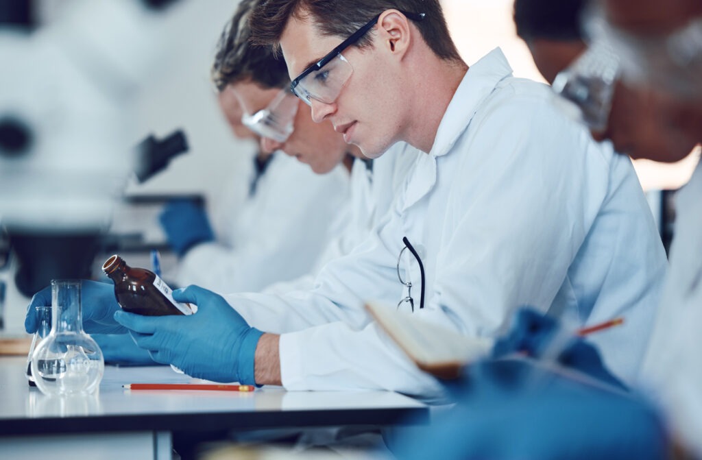 Science, education and students in laboratory with medicine for chemistry, biotechnology and biolog