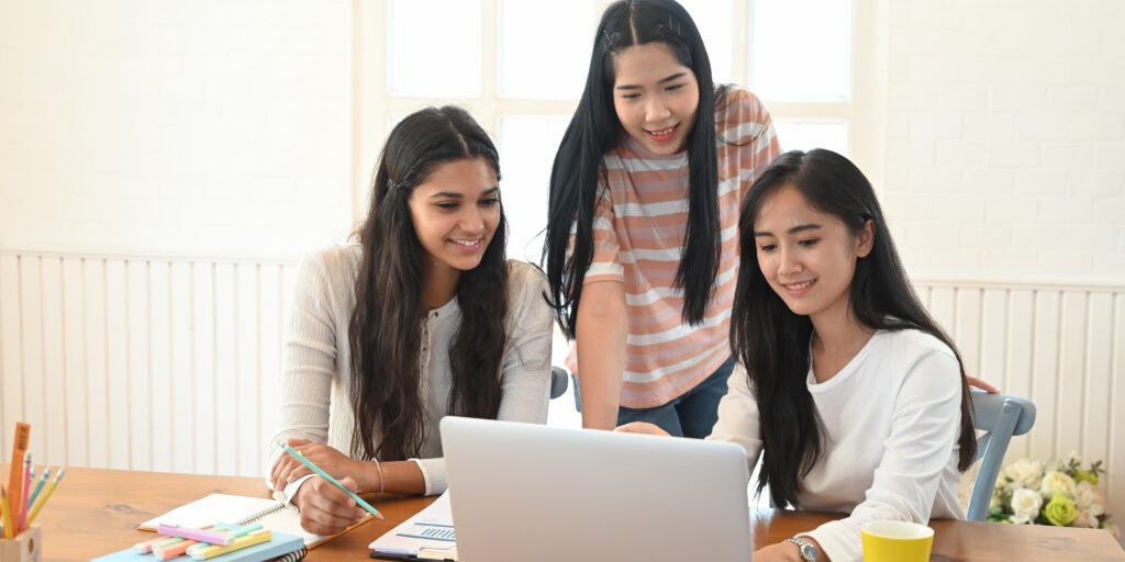 University students tutoring/studying online with video conference.